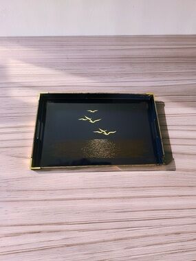 Vintage Otagiri Black and Gold Bird Motif Vanity Tray